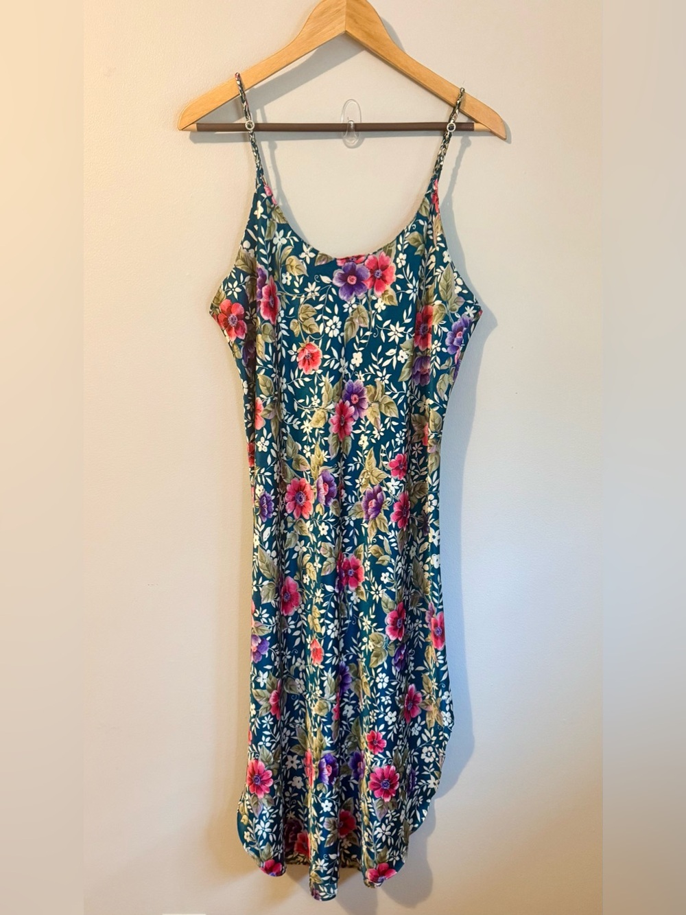 Vintage Dentelle Floral Satin Slip Dress Teal Midi Rhinestone Straps XL